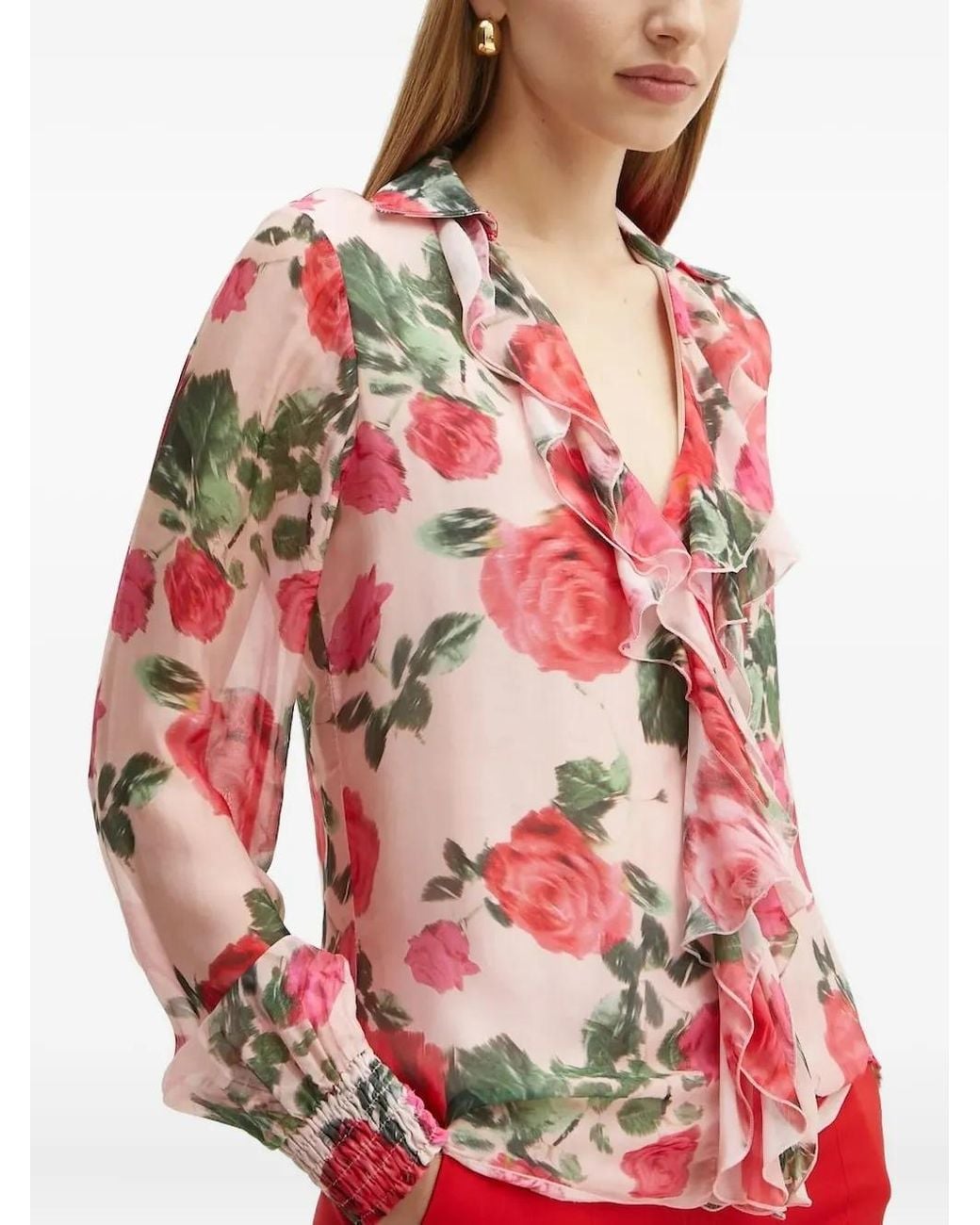 Guess Red Rose-Print Ruffled Blouse