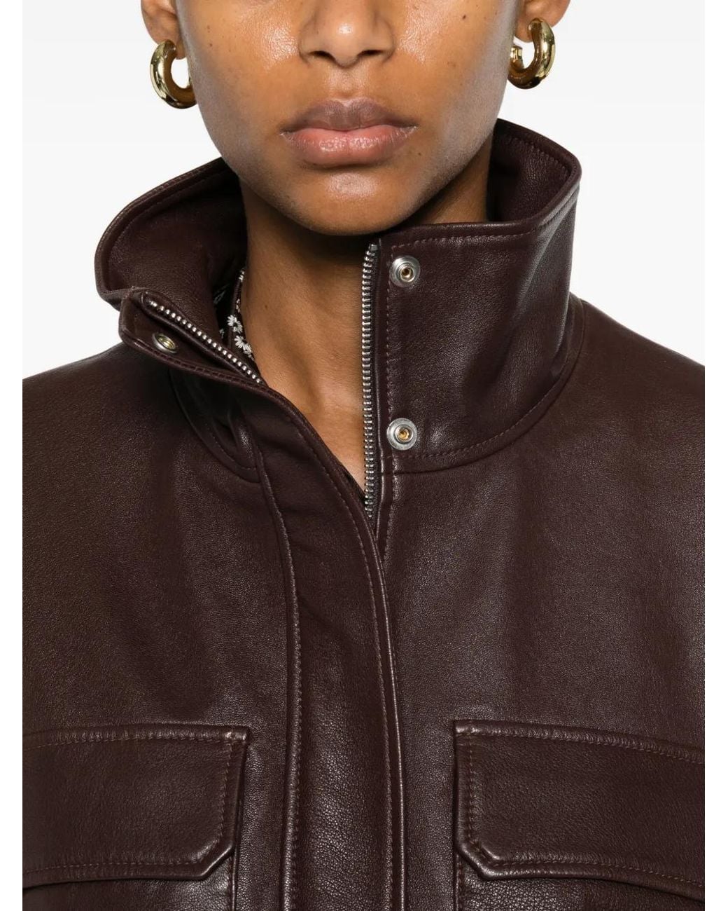 Sandro Brown Oversized Stand-Up Collar Leather Jacket