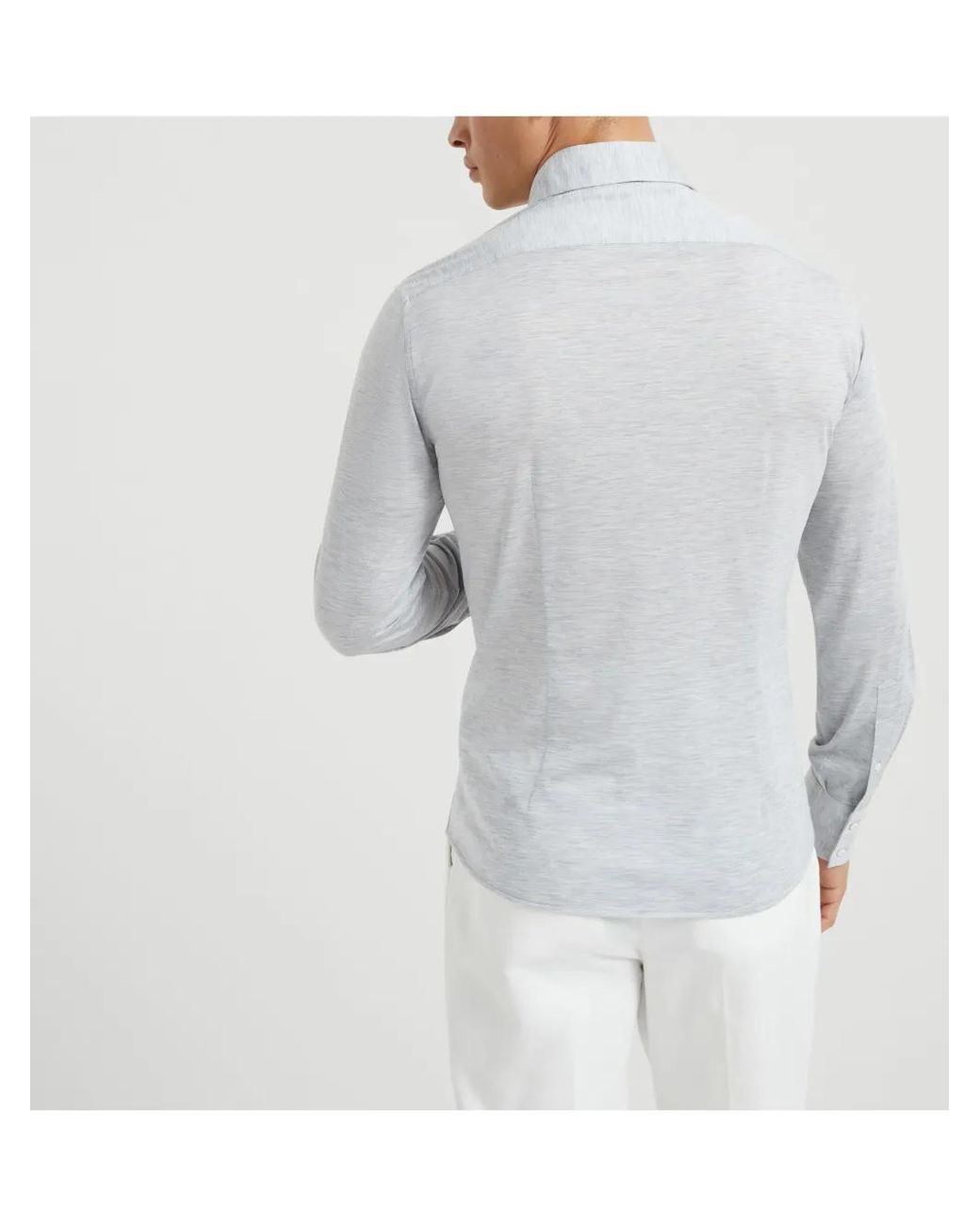 Brunello Cucinelli White Silk And Cotton Jersey Shirt With Spread Collar for men