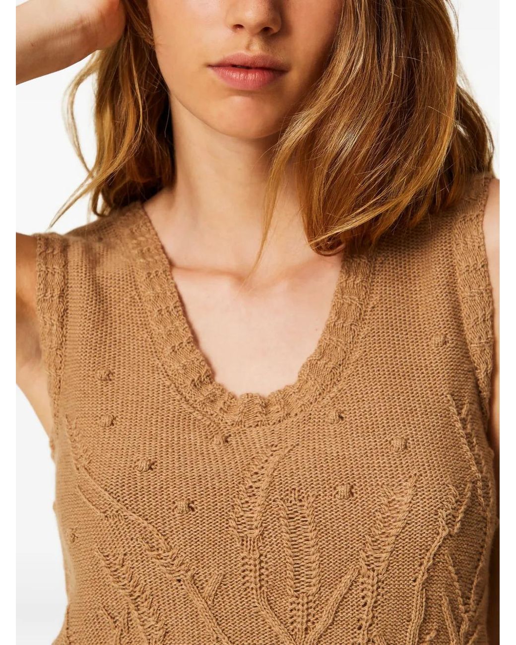 Twinset Natural Cable-Knit Floral-Pattern Vest
