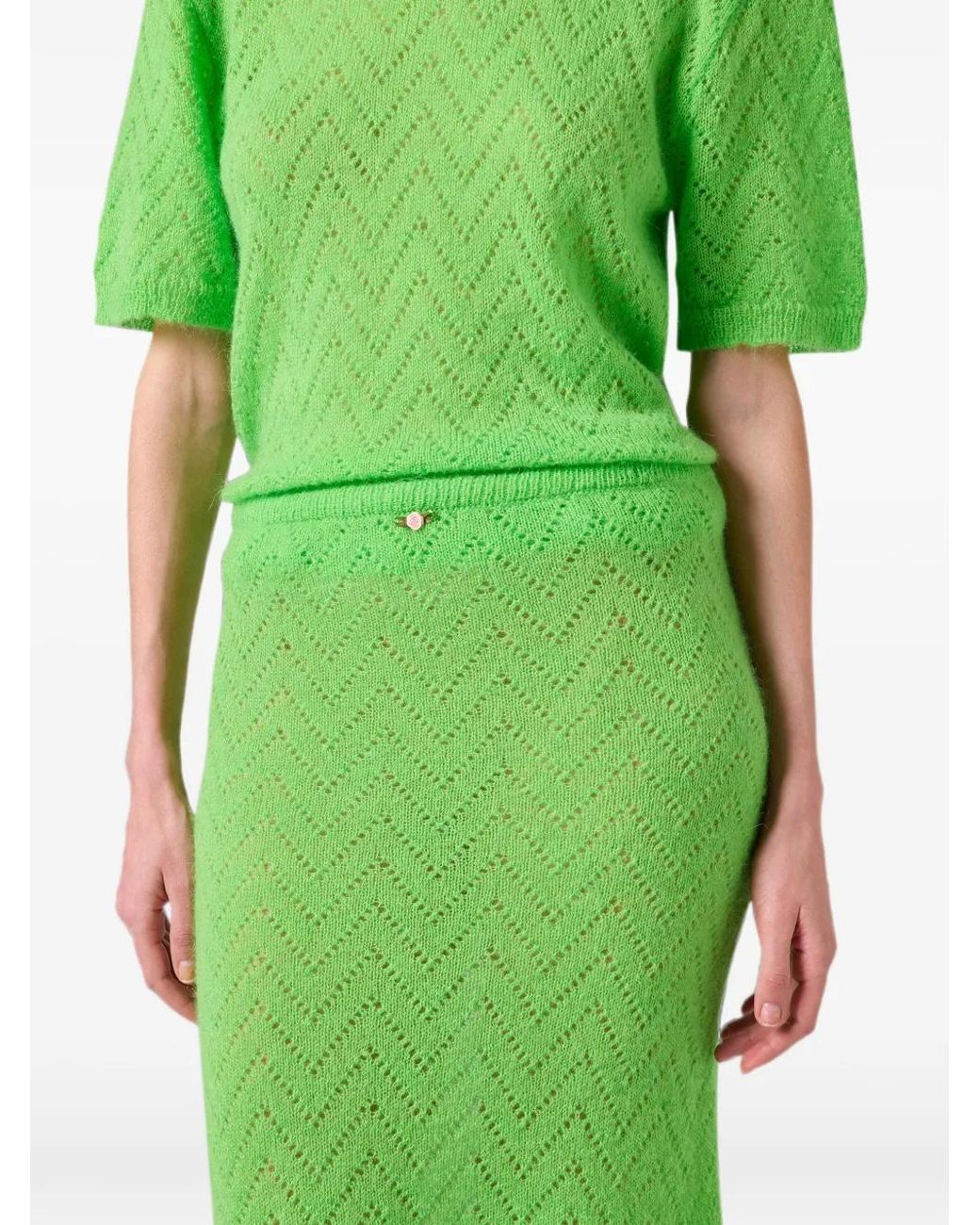 MSGM Green Chevron-Knit Midi Skirt