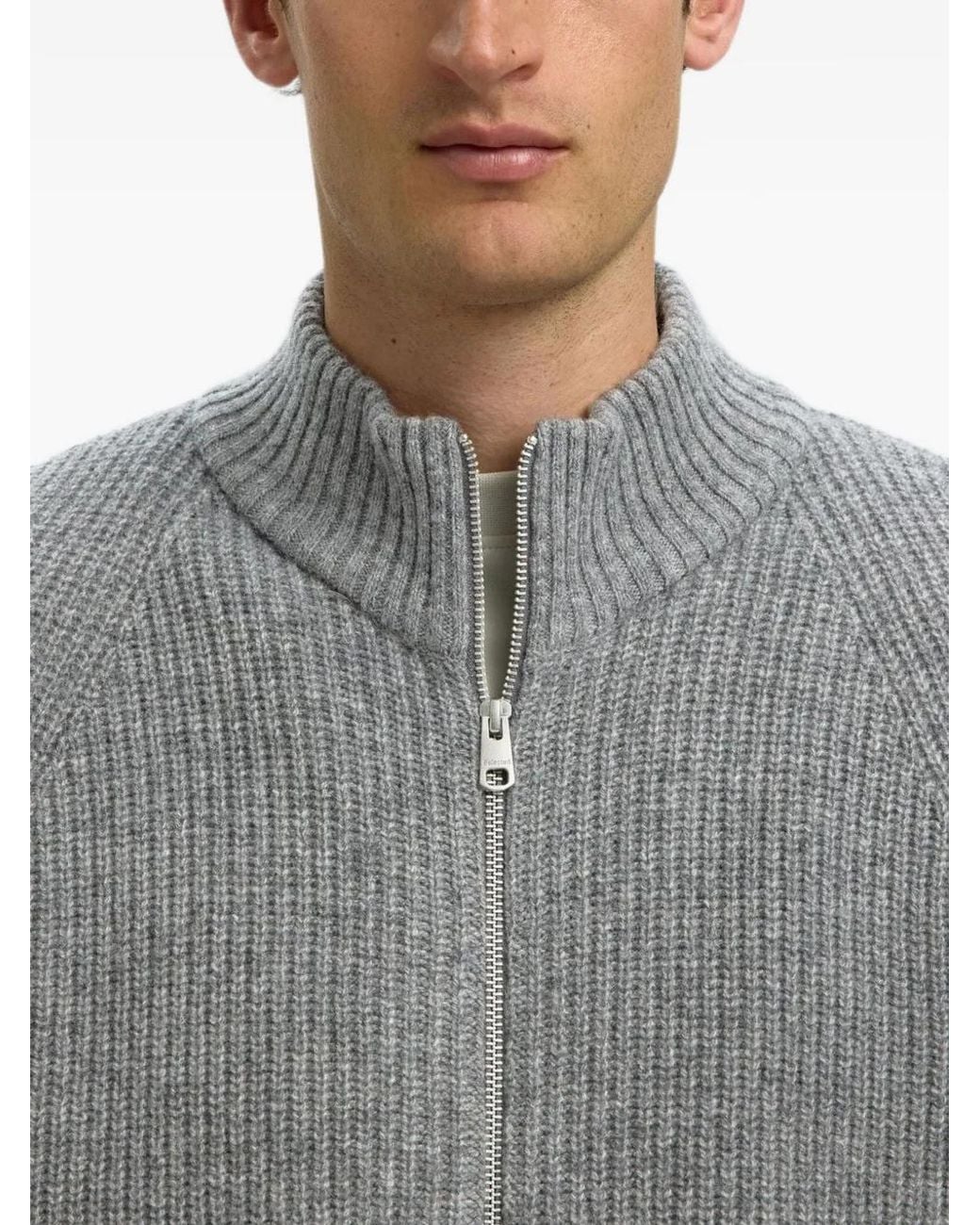 SELECTED Gray Zip-Fastening Ribbed-Knit Cardigan for men