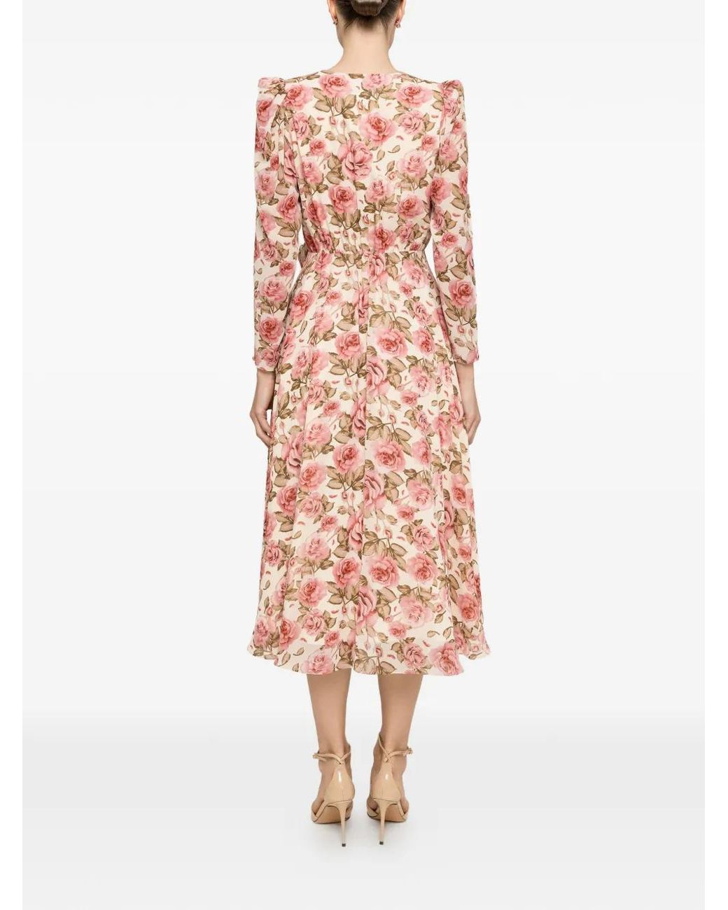 Nissa Pink Floral-Detail Chiffon Midi Dress