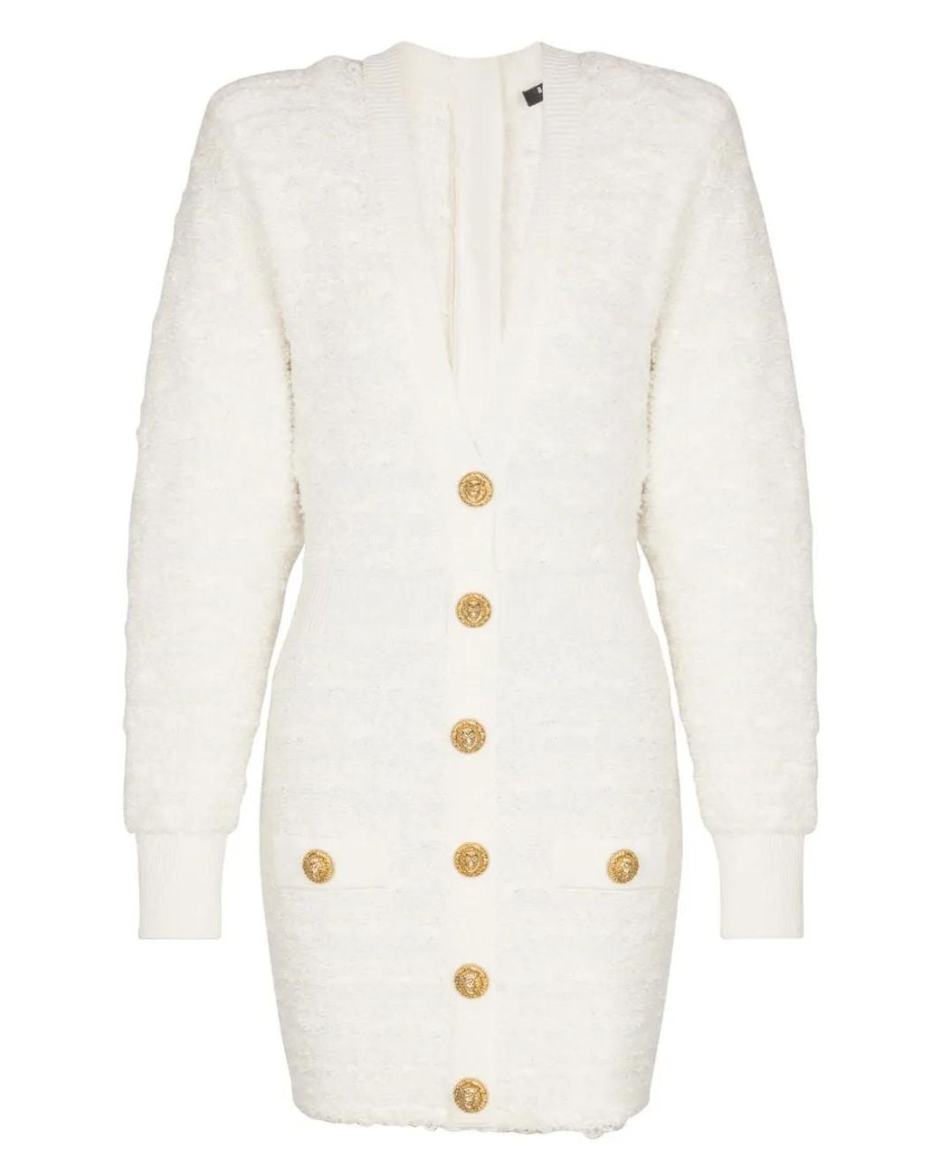 Balmain White Button-Embellished Tweed Mini Dress