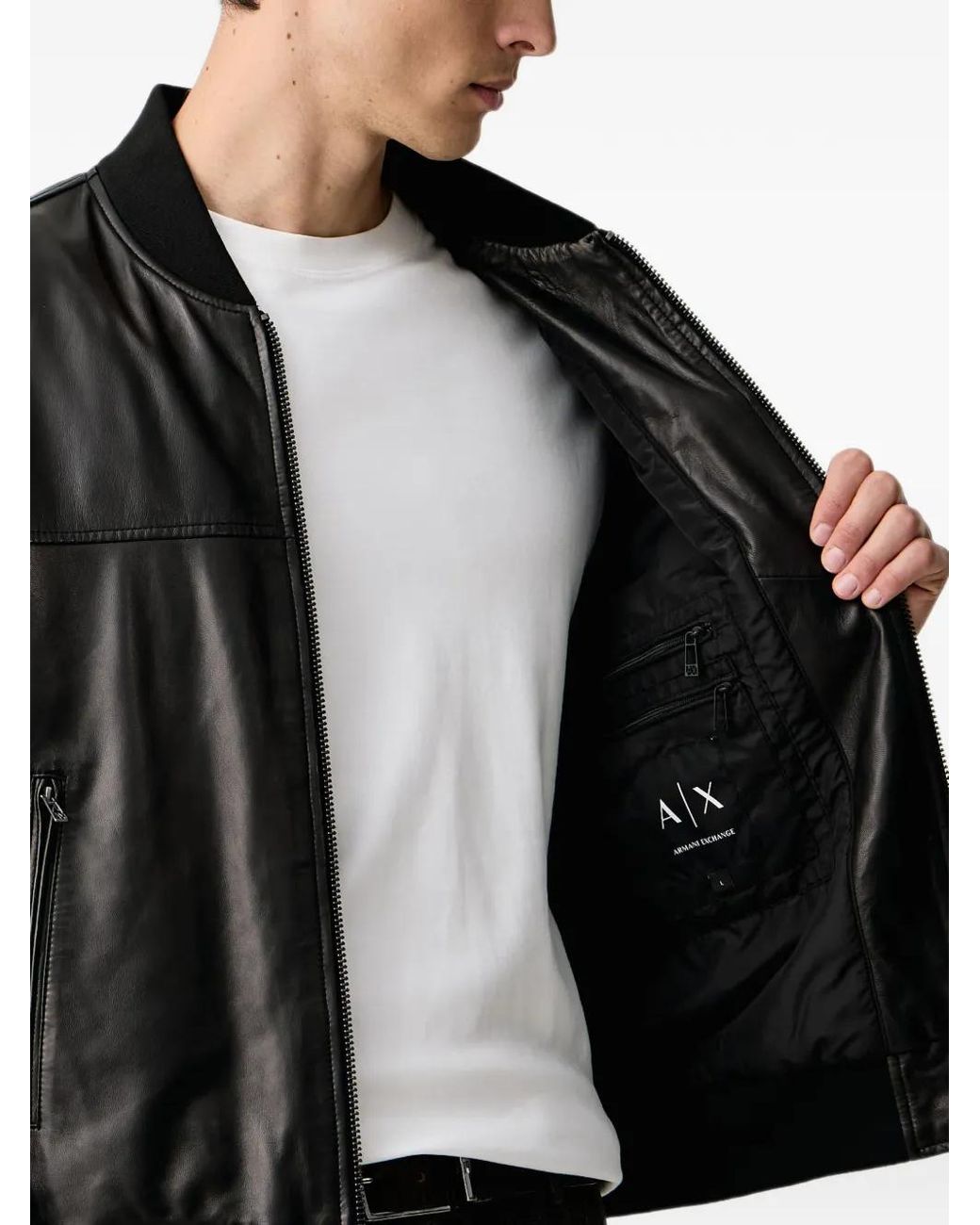 ARMANI EXCHANGE Black Logo-Embossed Leather Bomber Jacket for men