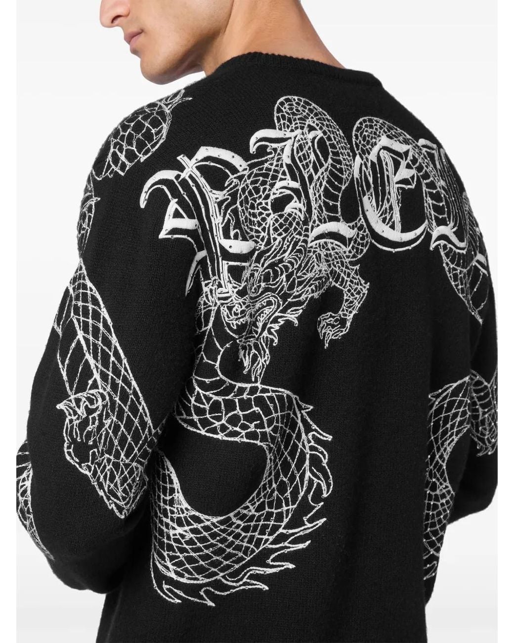 Philipp Plein Black Embroidered Dragon Wool Knit Jumper for men