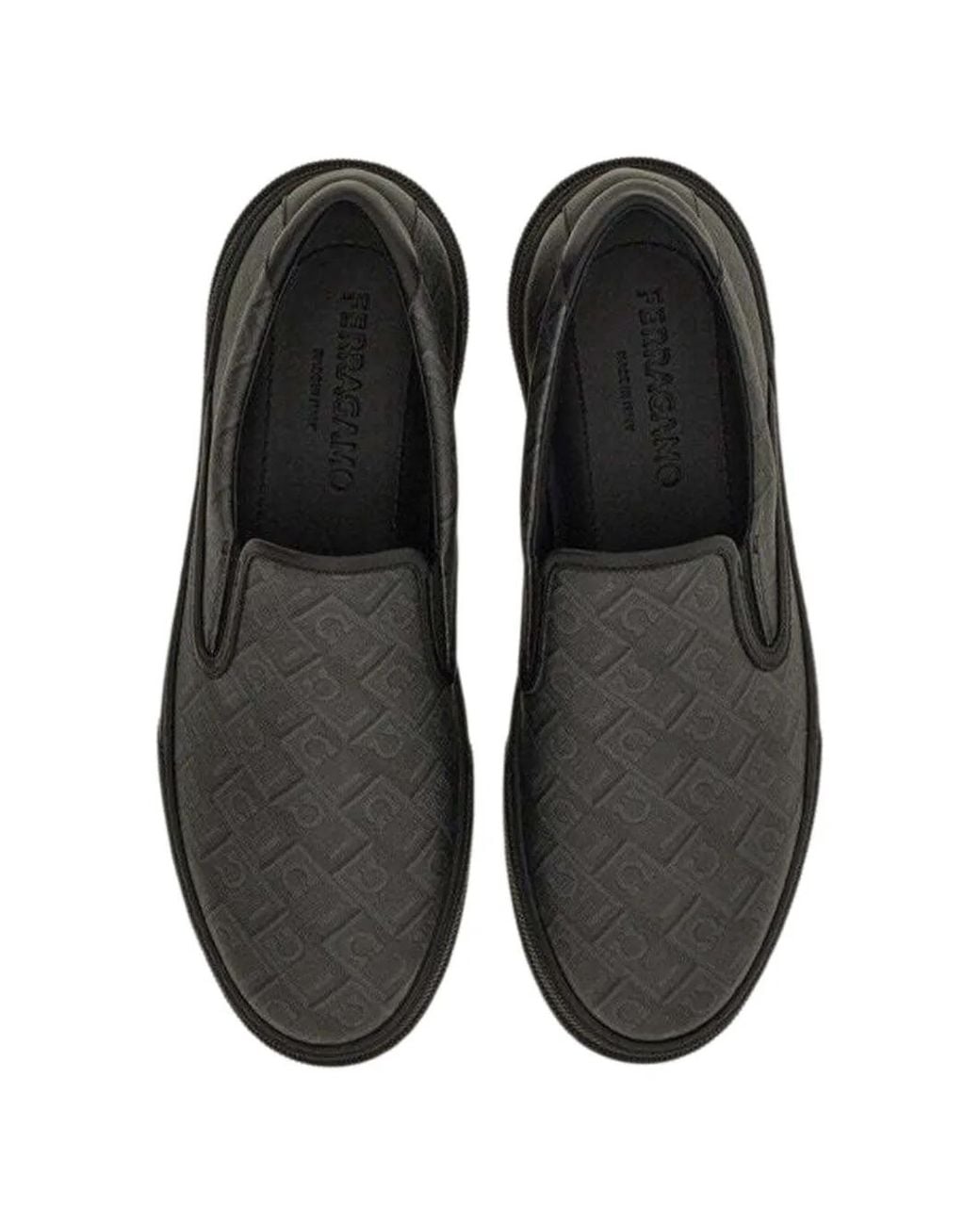 Ferragamo Black Embossed-Pattern Slip-On Sneakers for men