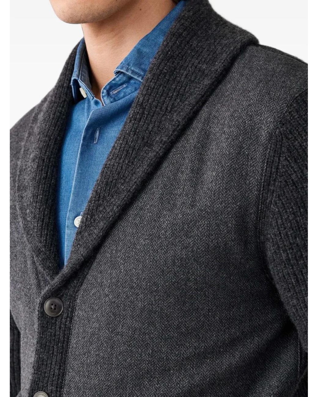 Hackett Black Herringbone-Pattern Shawl-Collar Cardigan for men