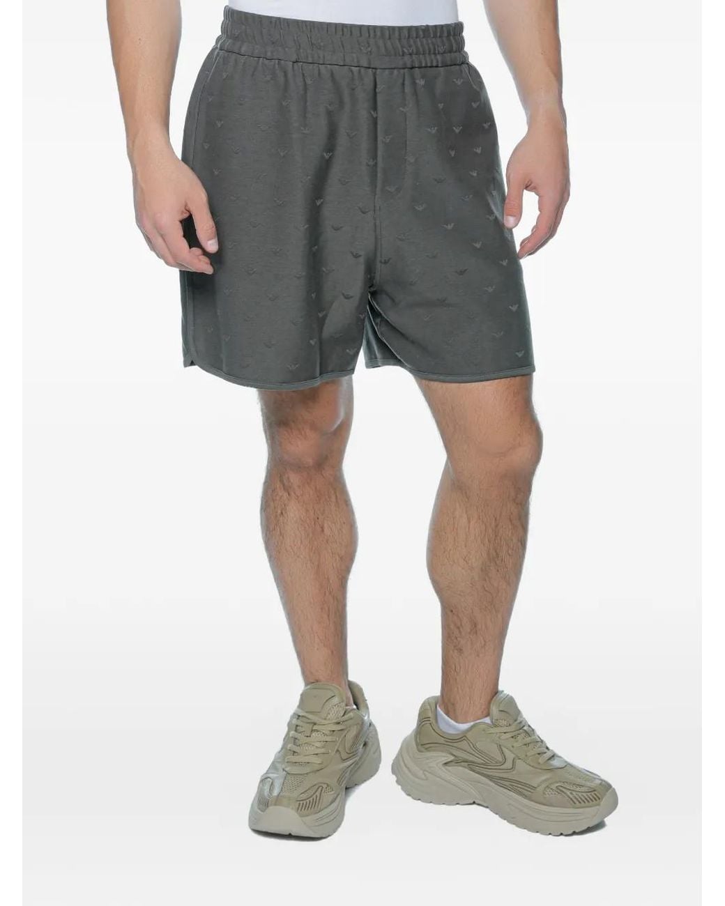 Emporio Armani Gray Monogram-Pattern Elasticated-Waist Track Shorts for men
