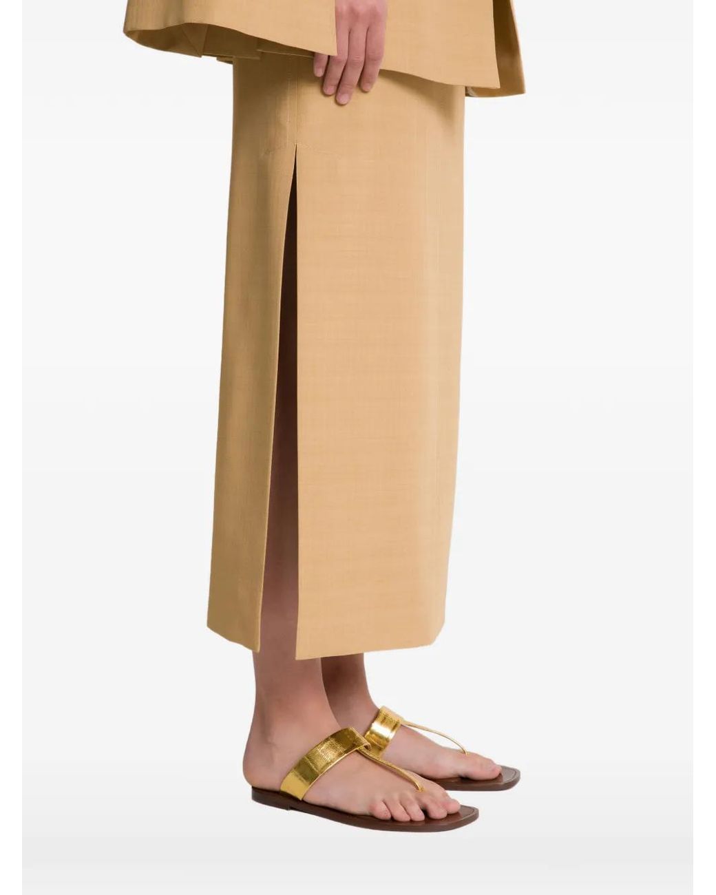 Alberta Ferretti Natural Side-Slit Midi Skirt