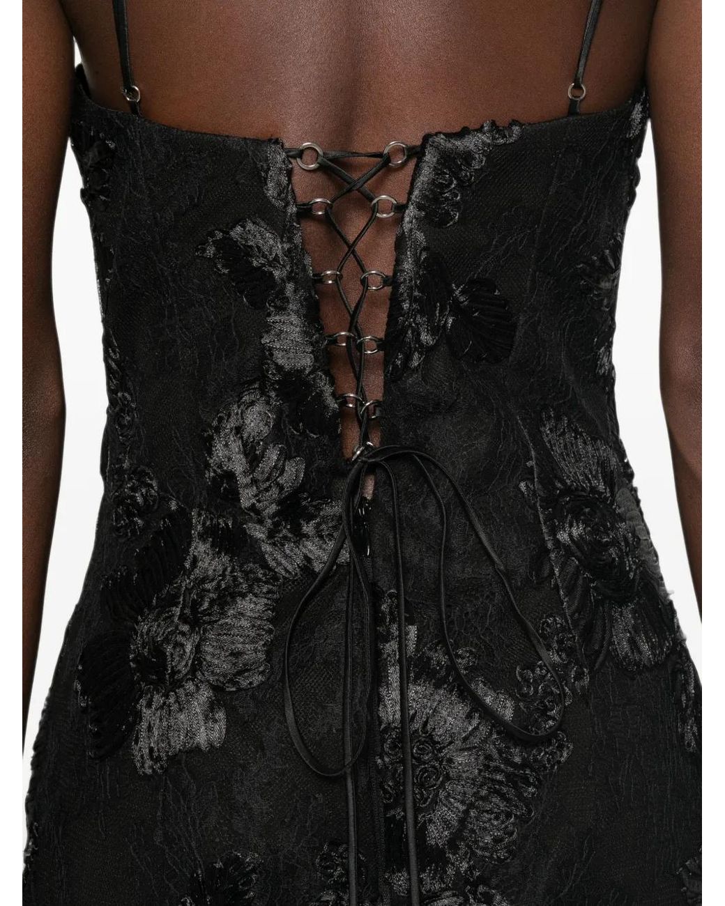 Nissa Black Fringed Floral-Lace Midi Dress