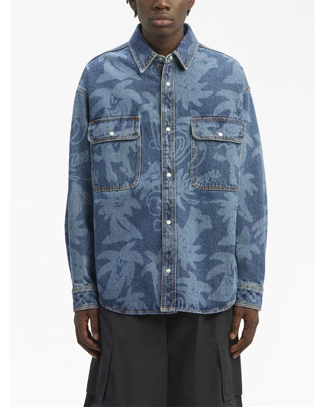 Palm Angels Blue Palmity Laser-Print Denim Shirt