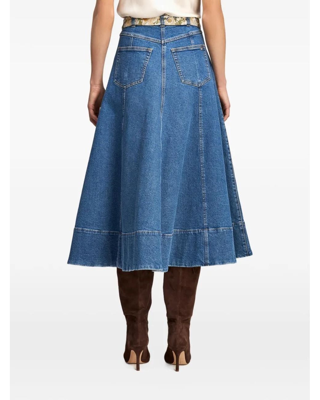 Cinq À Sept Blue Jupe Mi-Longue Benji En Jean, Évasée Et Ceinturée