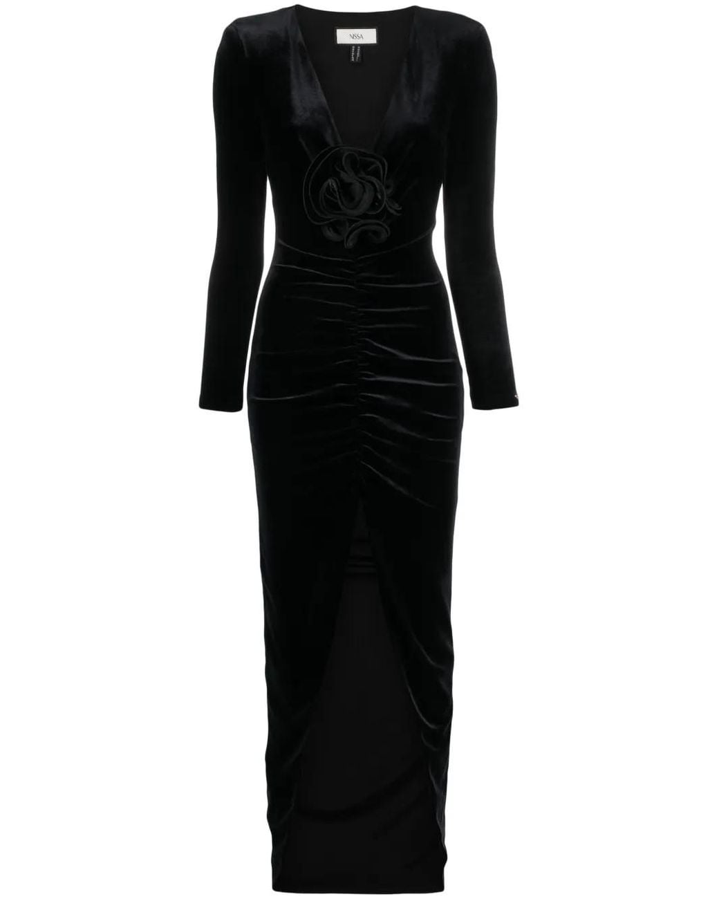 Nissa Black Floral-Detail Velvet Maxi Dress