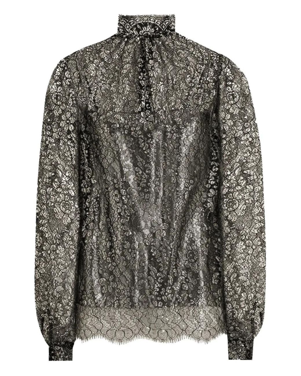 Dolce & Gabbana Gray Lamé Lace Blouse