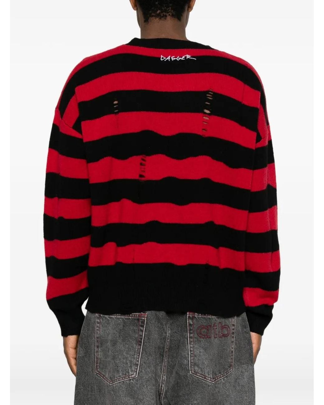 DAGGER Red Distressed Striped Sweater for men