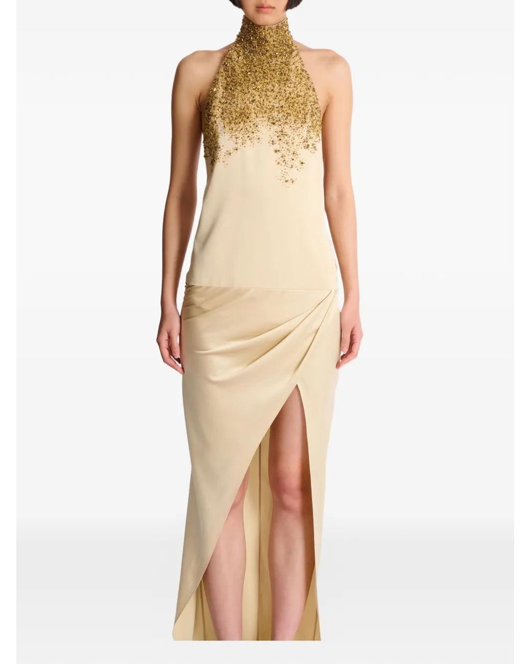 Balmain White Silk Halterneck Dress With Sand Effect Embroidery