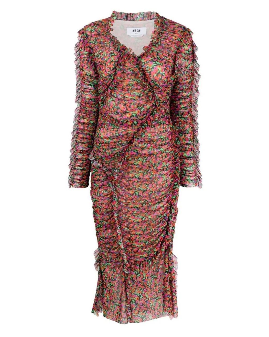 MSGM Red Floral-Print Midi Dress
