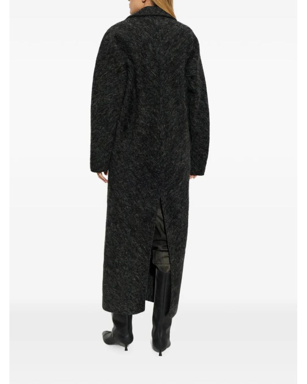 DIESEL Black Long Coat With Textured Fabric And Wide Lapel Collar
