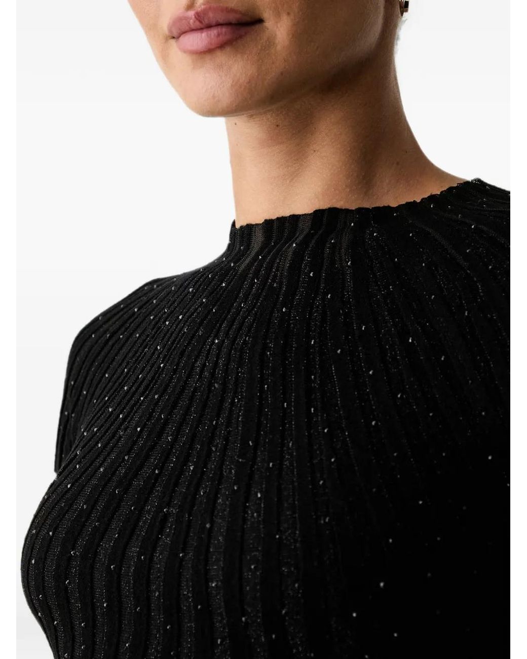 Guess Black Rhinestone-Embellished Ribbed-Knit T-Shirt