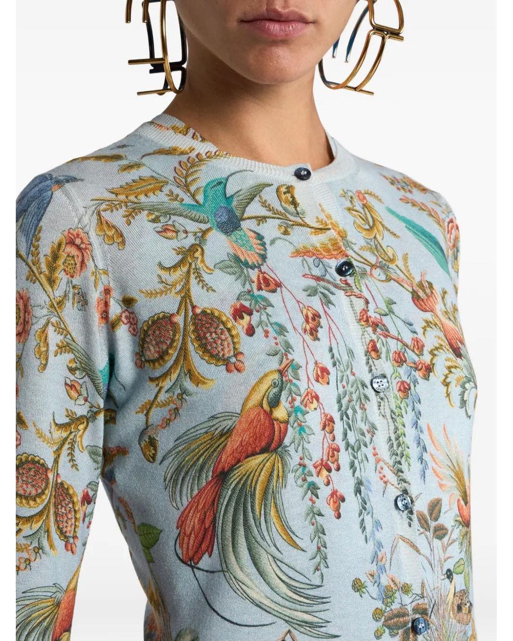 Etro Blue Silk And Cashmere Cardigan With Flora And Fauna Motif