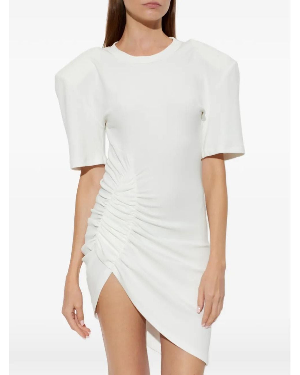 The Mannei White Ruched Asymmetric Mini Dress