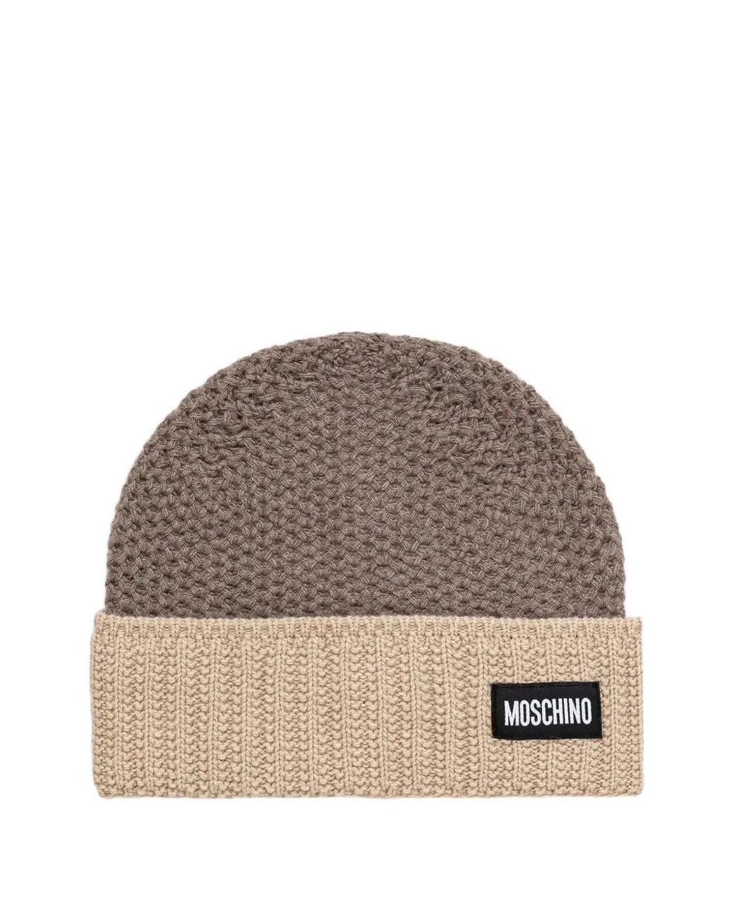 Moschino Brown Logo-Patch Waffle-Knit Wool Beanie