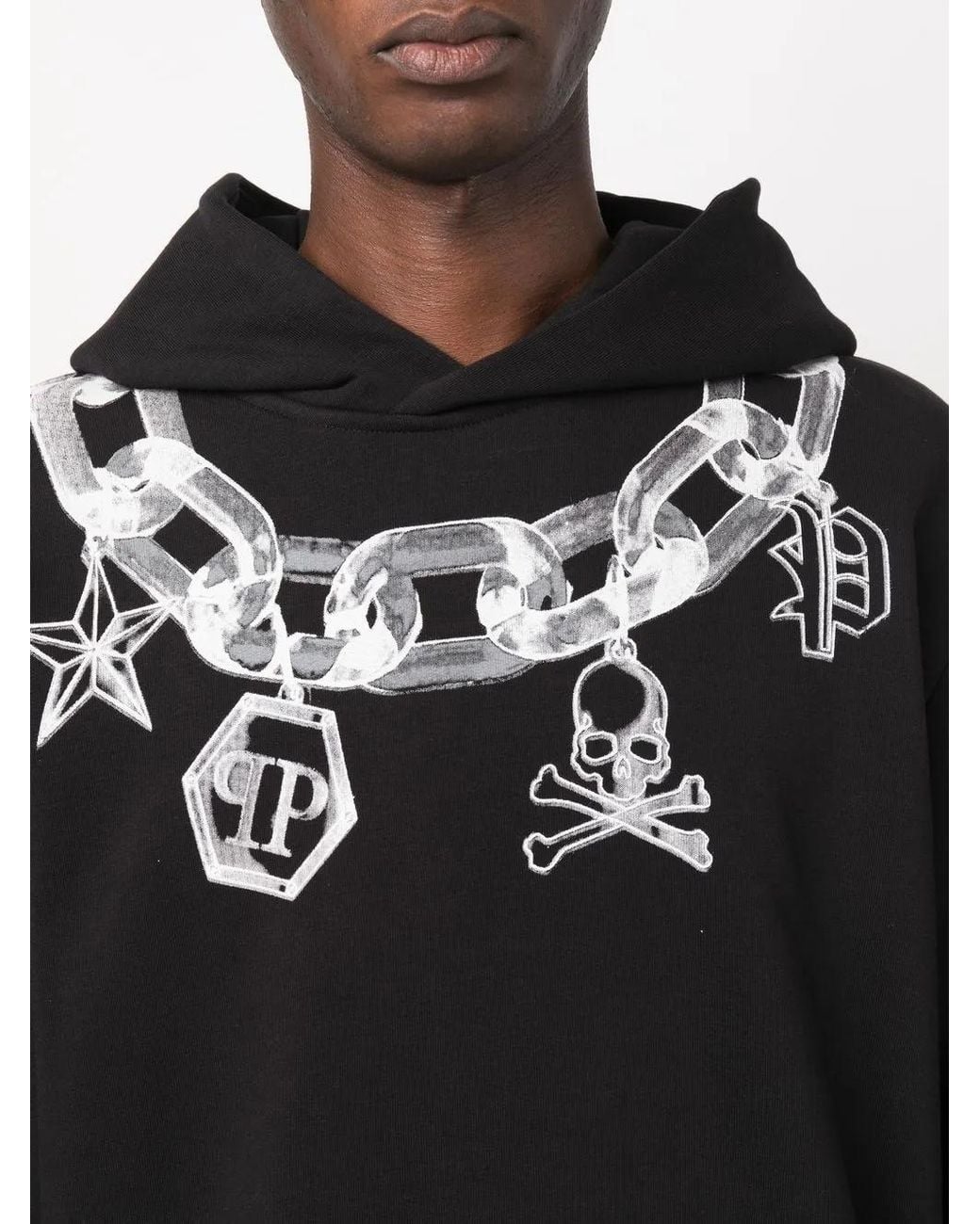 Philipp Plein Black Chain Print Cotton Hoodie for men