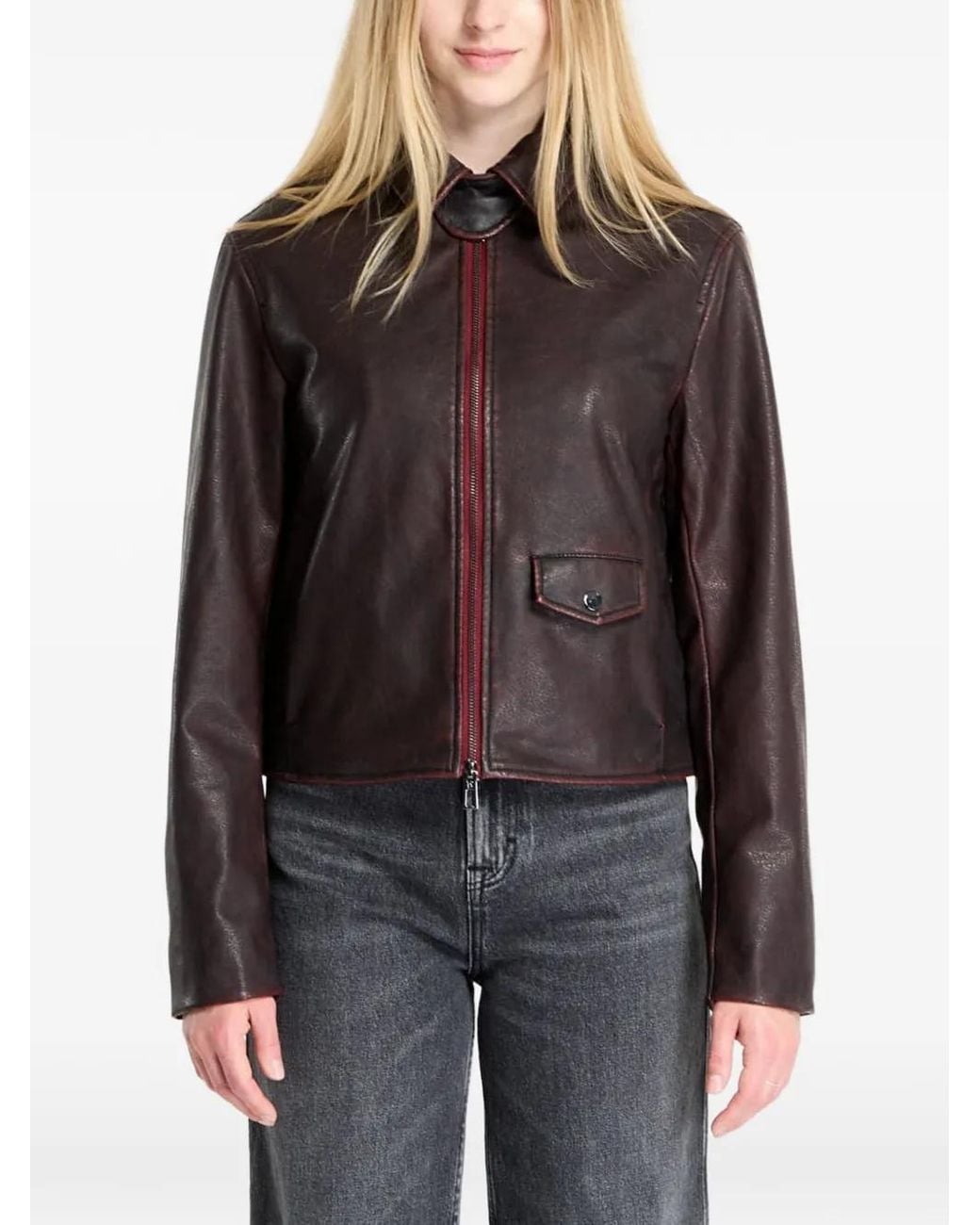 Desigual Brown Distressed-Finish High-Neck Jacket