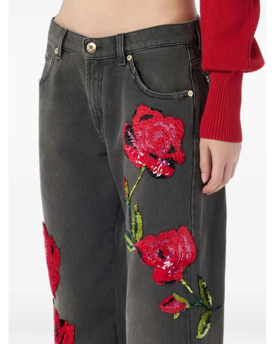 Blumarine Sequin-Embroidered Wide-Leg Jeans