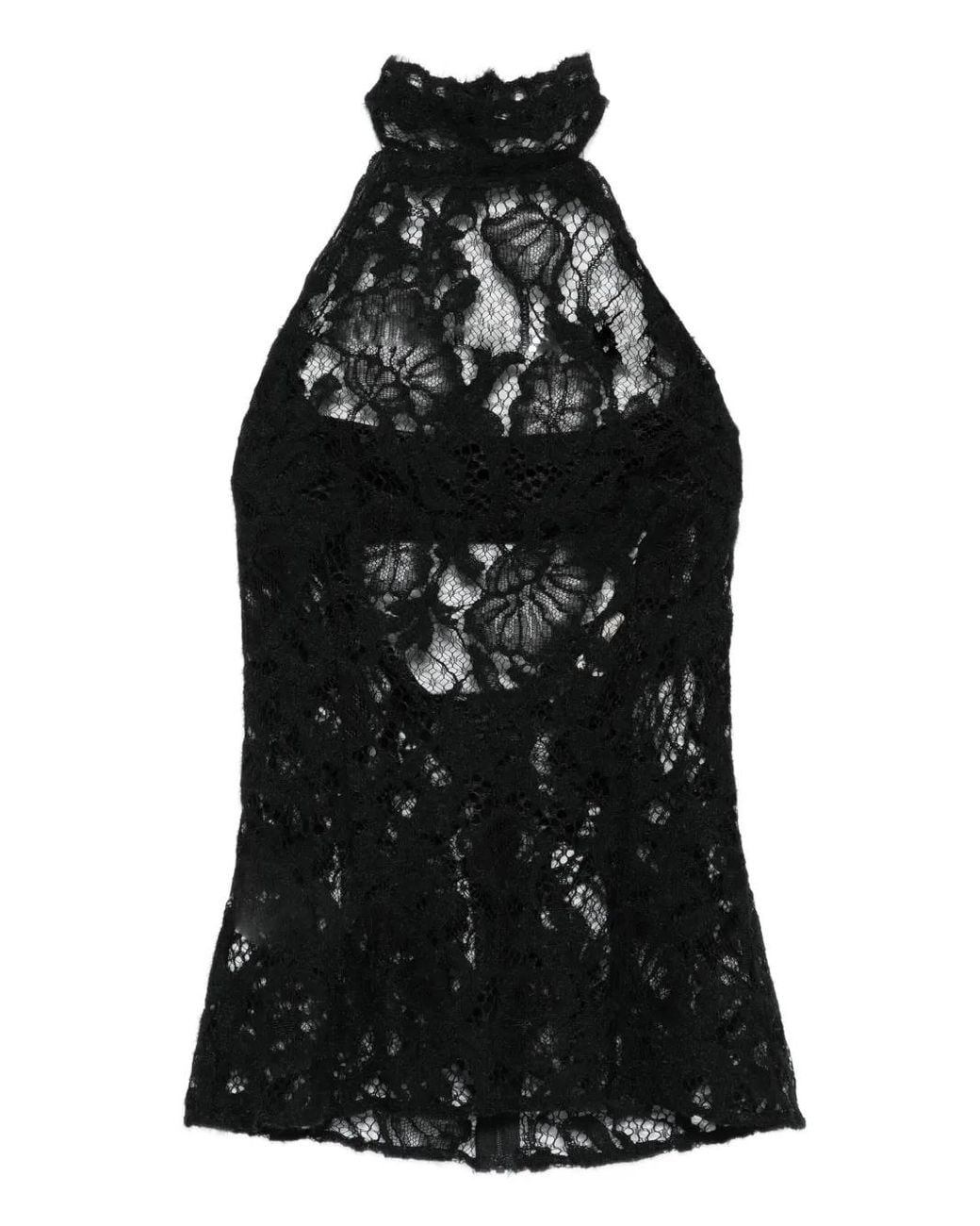 MANURI Black Floral-Lace Halterneck Top