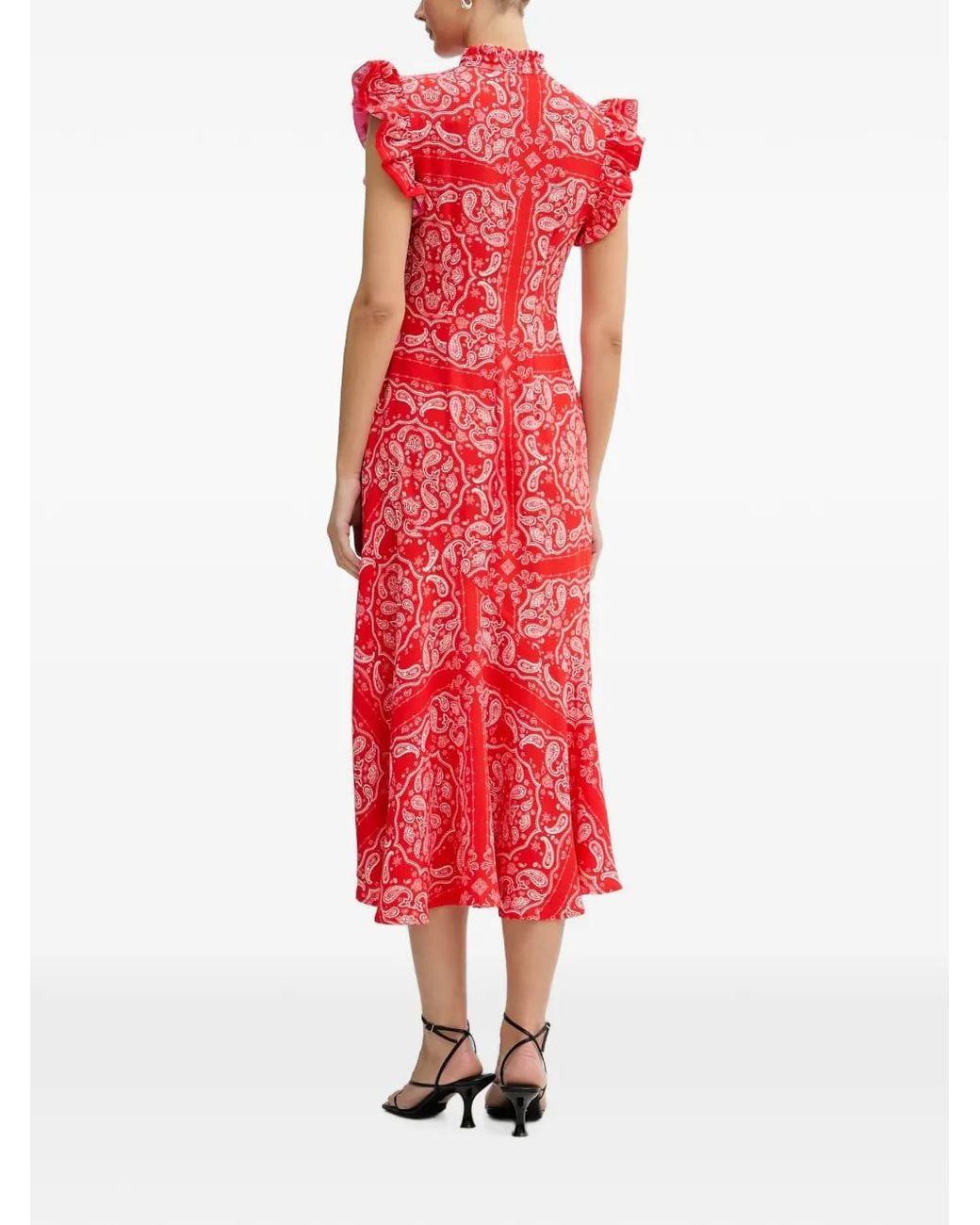 Never Fully Dressed Red Paisley-Print Ruffled Midi Dress