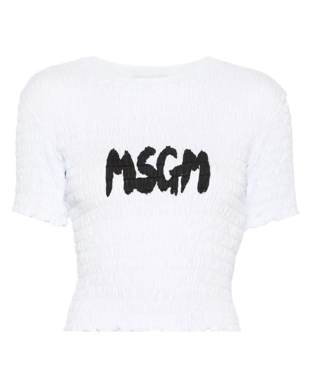 MSGM White Logo-Print Smocked T-Shirt
