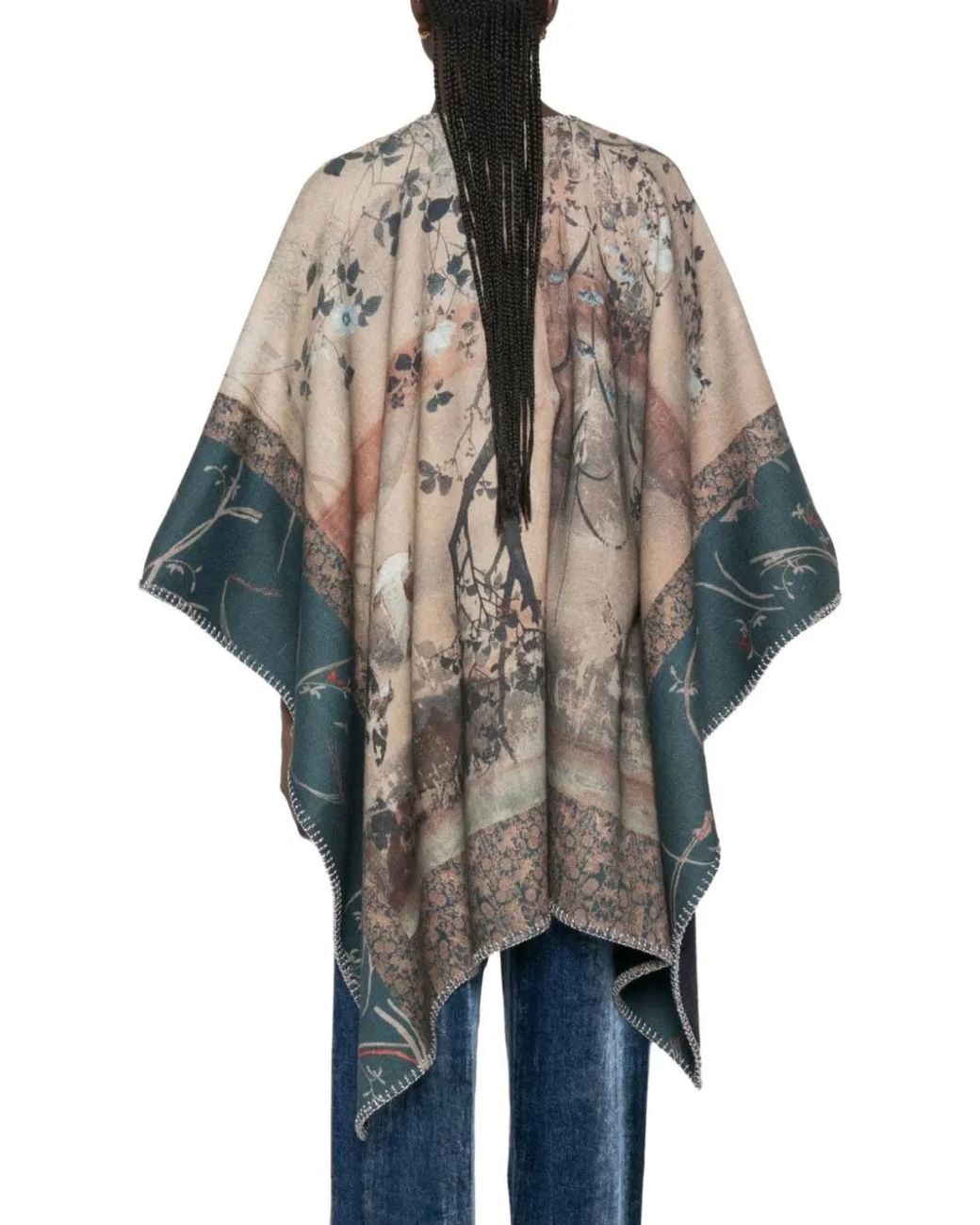 Pierre Louis Mascia Natural Graphic-Print Blanket-Stitch Poncho