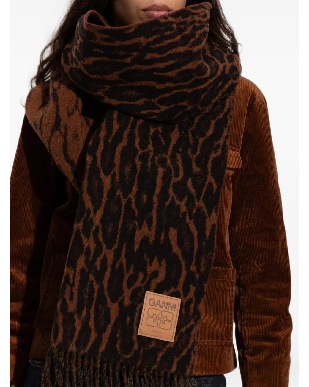 Ganni Black Animal-Motif Fringed Scarf