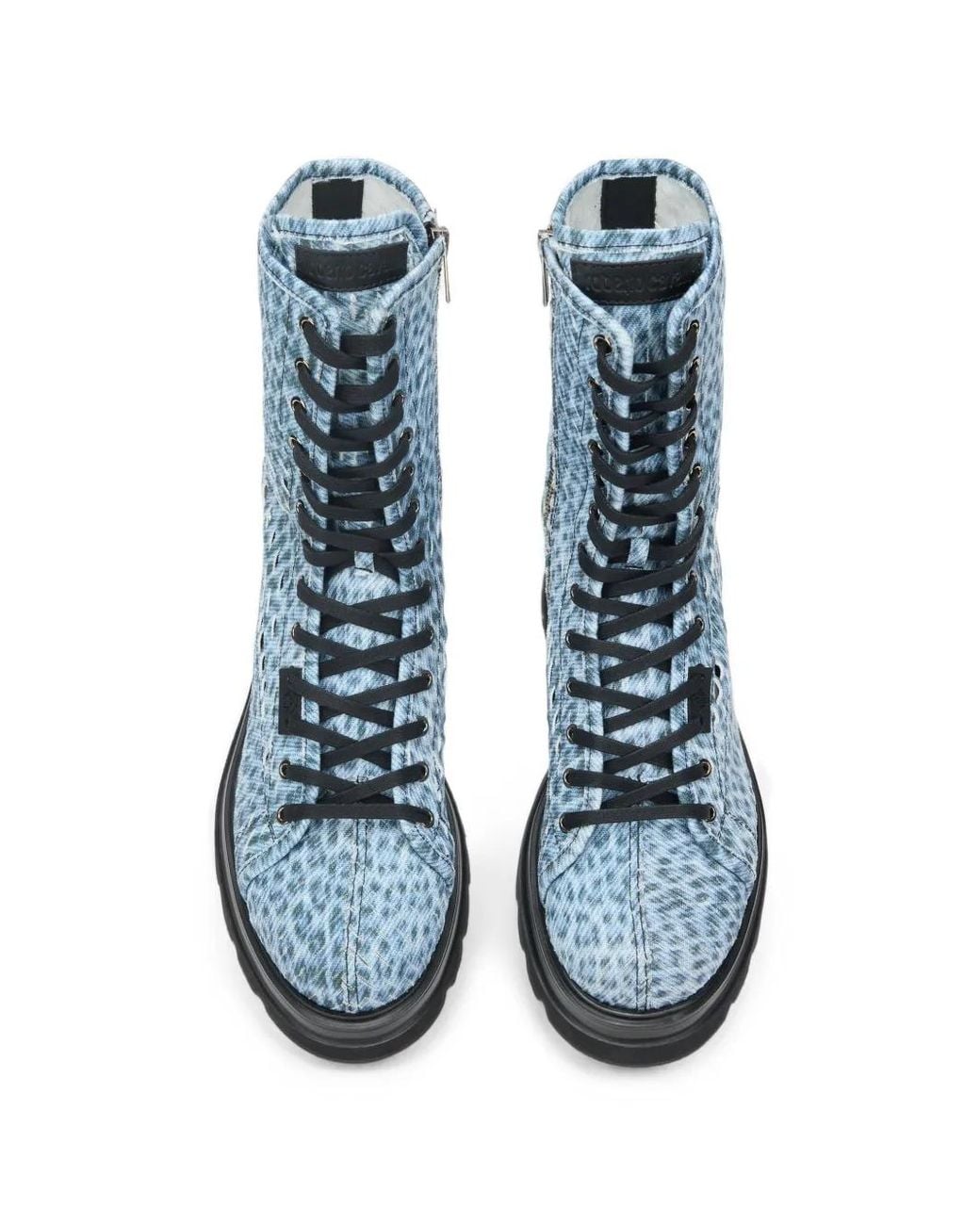 Roberto Cavalli Blue Leopard-Print Lace-Up Combat Boots for men
