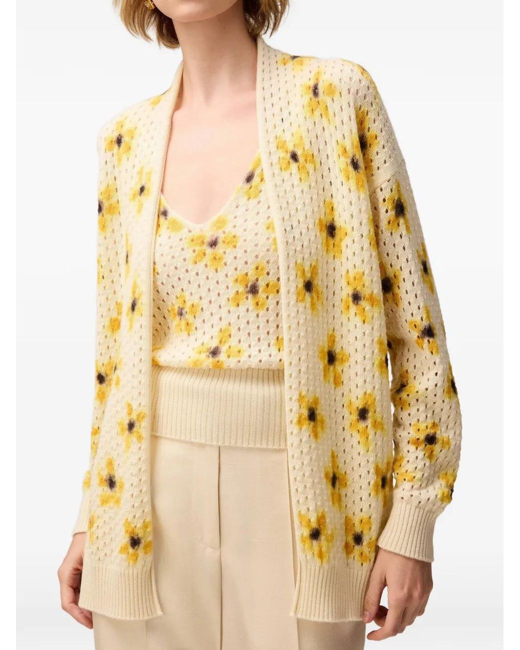 RETORI Natural Floral-Print Open-Knit Cashmere Cardigan
