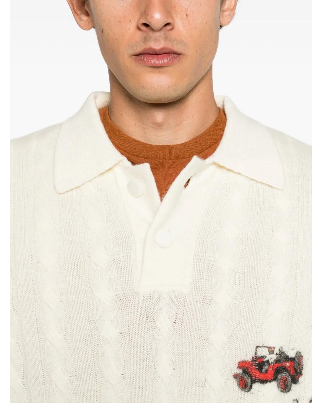 House of Errors White Cable-Knit Graphic-Print Polo Shirt for men