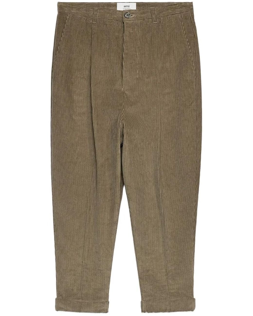 AMI Green Corduroy Box-Pleated Tapered Trousers for men