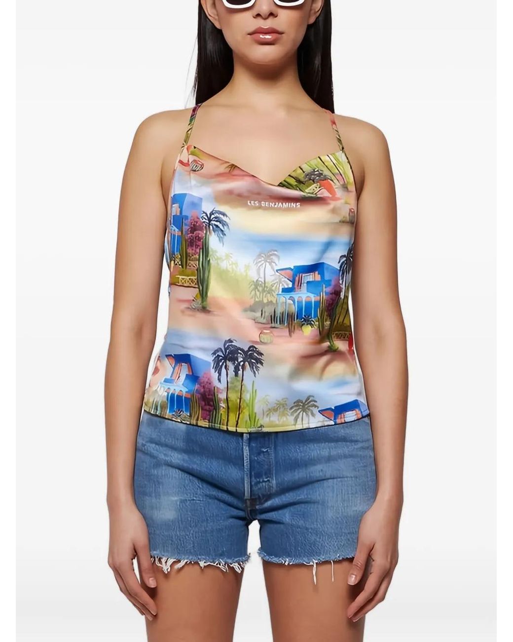 Les Benjamins Blue Printed Strap Top