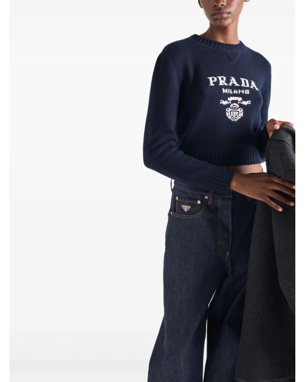 Prada Blue Gerippter Intarsien-Pullover
