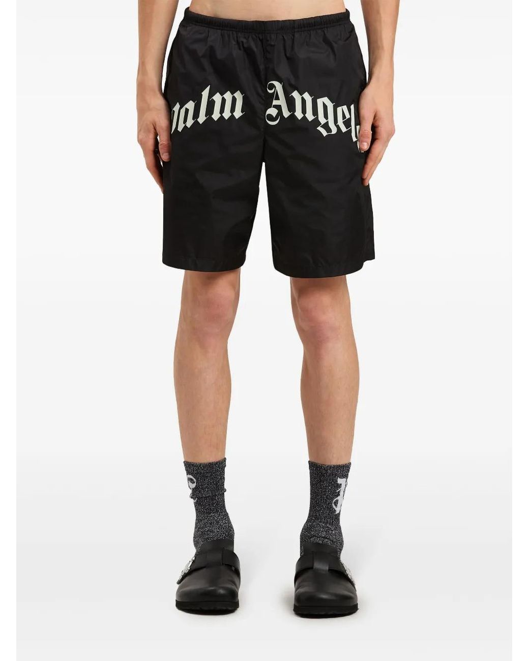 Palm Angels Black Curved-Logo Swim Shorts for men
