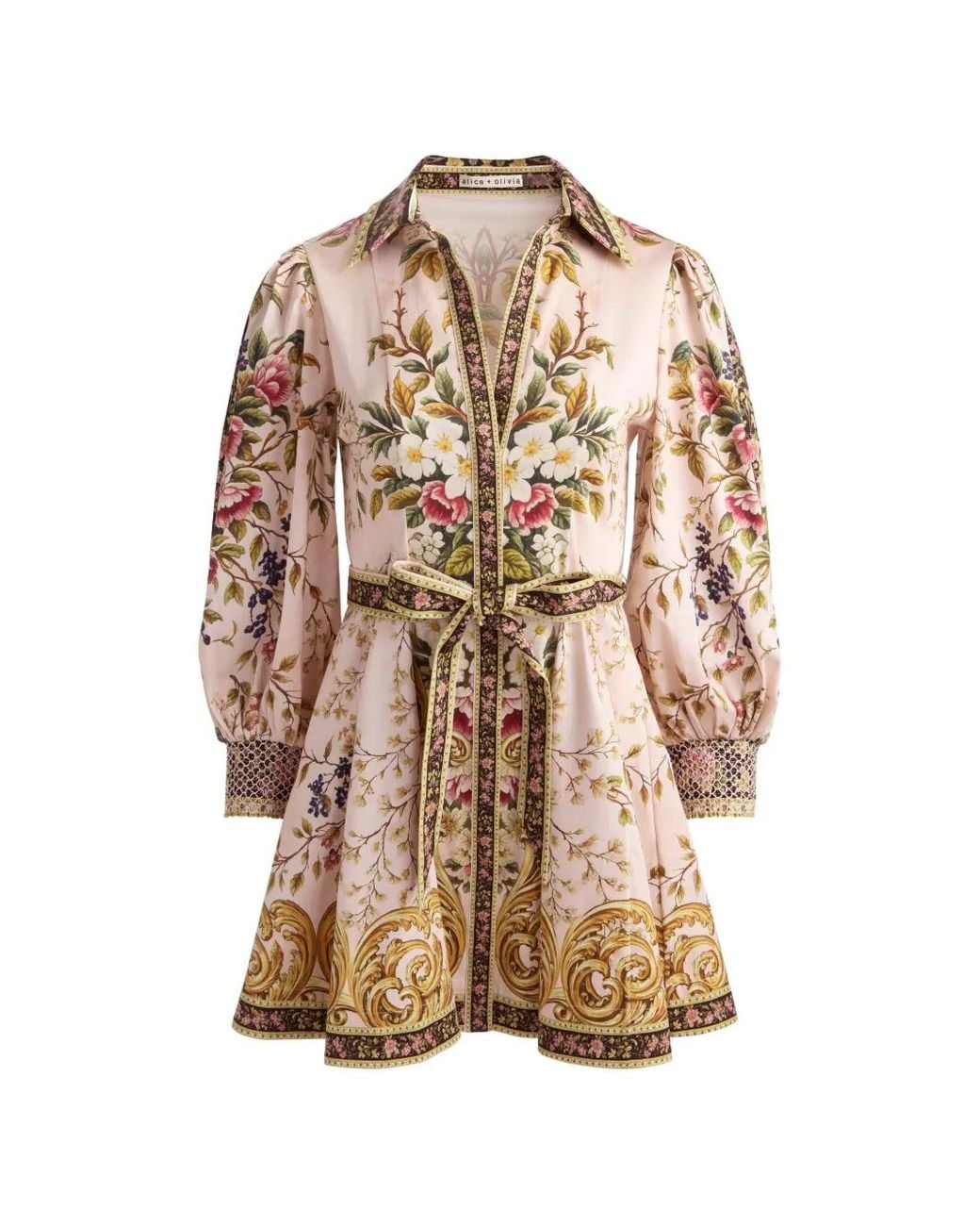 Alice + Olivia Natural Lucy Floral-Print Tie-Waist Mini Dress