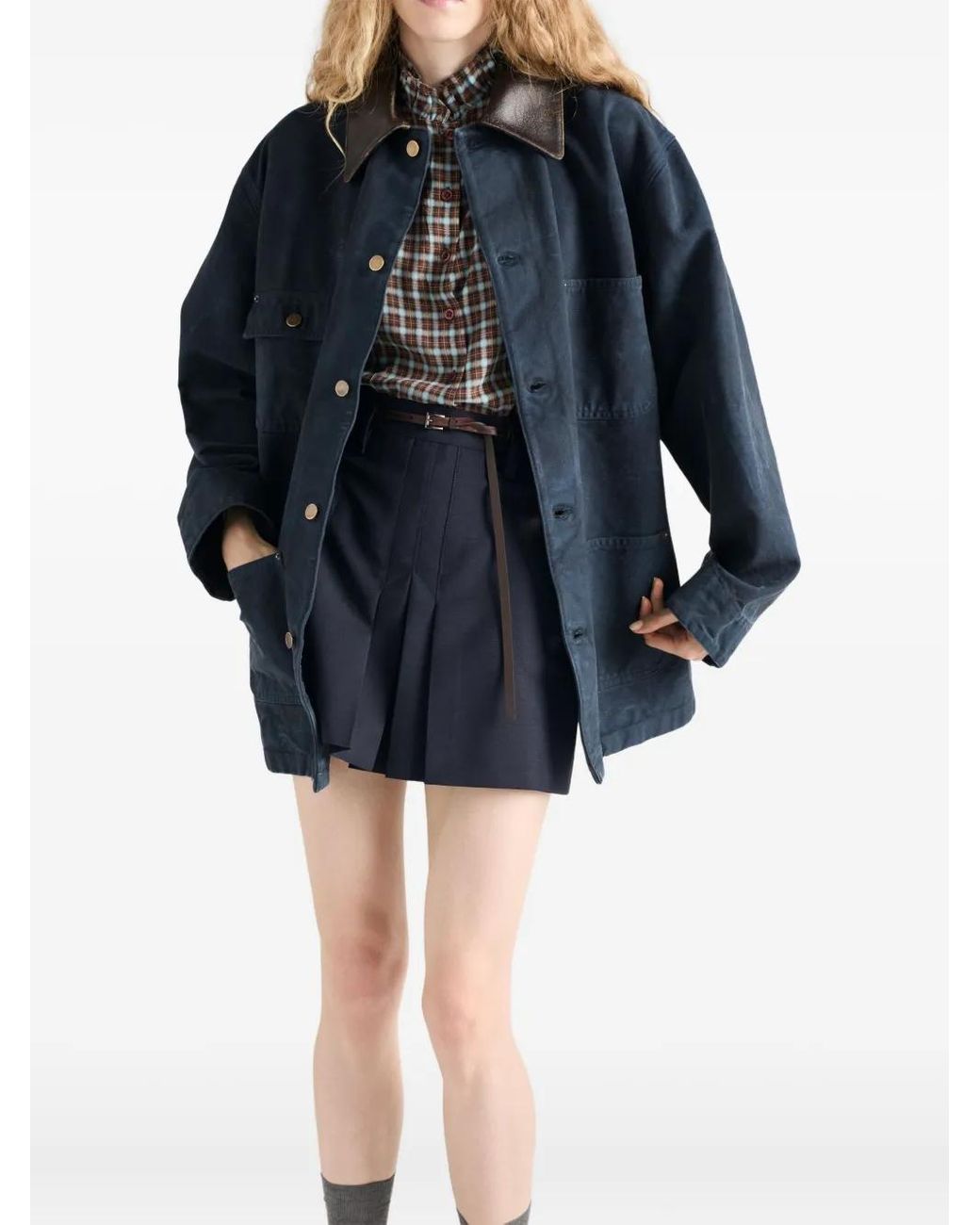 Prada Mini-Plooirok Met Leren Zak in het Blue