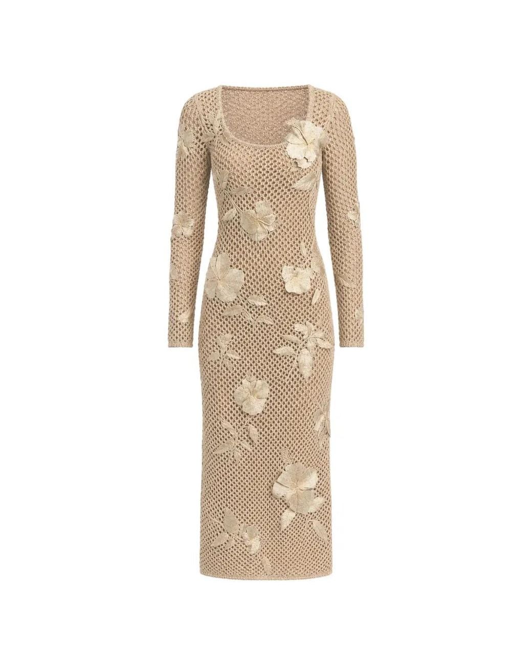 Oscar de la Renta Natural Floral-Patch Mesh-Knit Dress