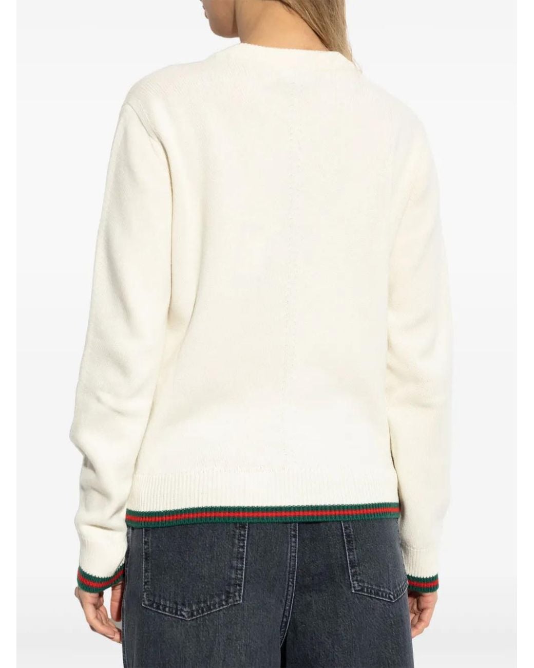 Gucci White Wool And Cashmere Sweater With Web, Ready-To-Wear