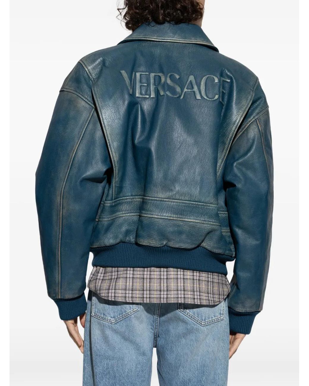 Versace Blue Leather Zip-Up Jacket for men