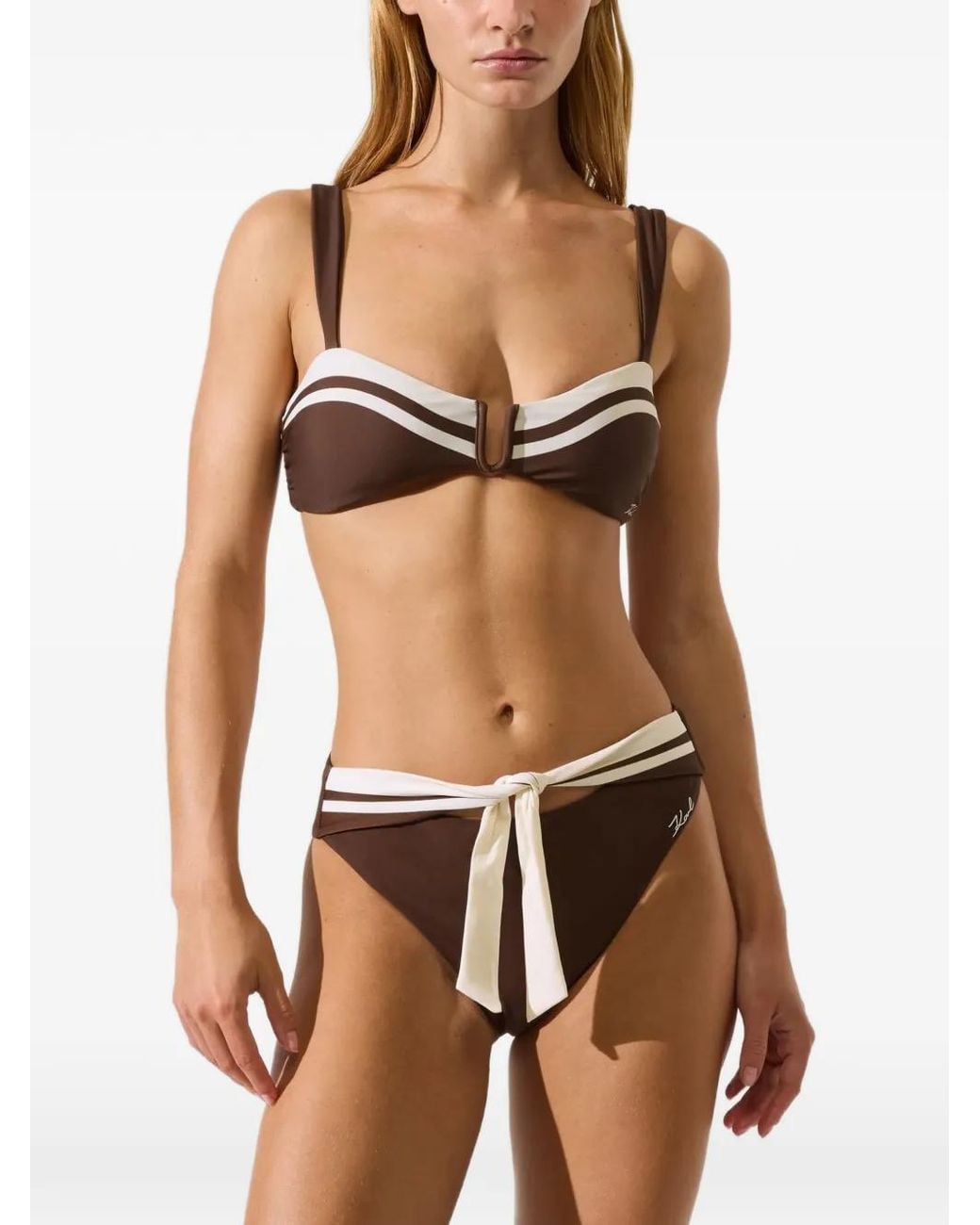 Karl Lagerfeld Brown Signature Contrast-Trim Bikini Bottoms