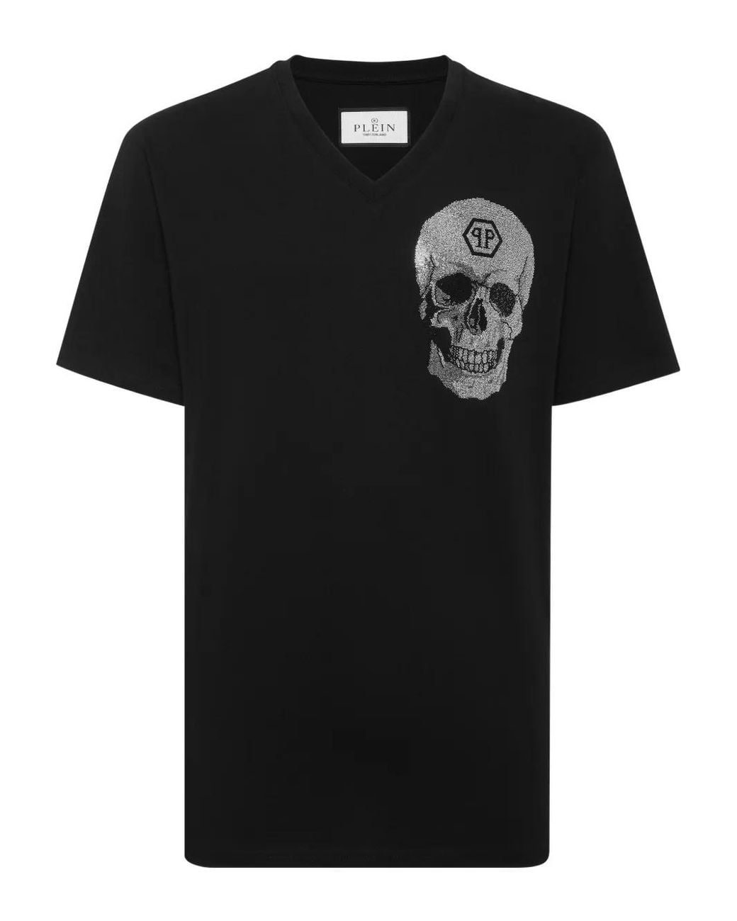 Philipp Plein Black Crystal-Skull V-Neck T-Shirt for men