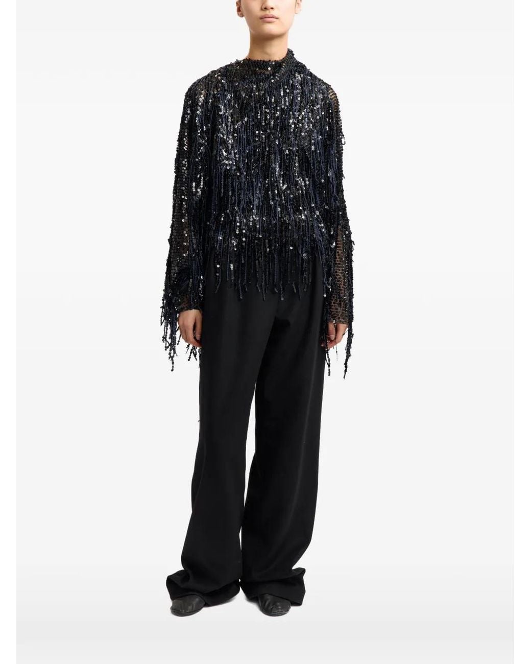 16Arlington Black Auro Fringe-Sequin Top